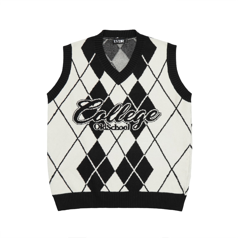 High Street Contrast Color Geometric Letter V Neck Sleeveless Sweater Men and Women Retro Pullover Loose Knitted Vest Clothes